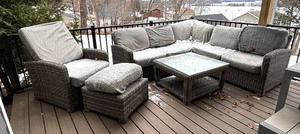 lot 25C image: Patio Sectional, Chair, Ottoman and Table Set