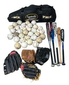lot 352 image: Baseball and Softball Bats, Gloves and Balls with Sports Bag by Rawlings, Diablo, Dudley, Worth and More