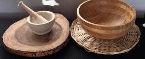 lot 124A image: Thick Wooding Cutting Boards, Salad Bowl, Woven Charger and Muddler by Ikea