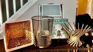 lot 396 image: Home Decor and Essentials Lot, Stepstool, Wastebasket, Modern Fruit Holder and More
