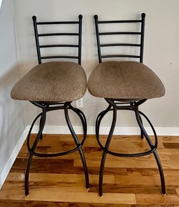 lot 51 image: Pretty Pair of Neutral Color Cloth and Metal Barstools