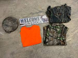 3 Hunting Shirts, Camo Paded Seat, and Sign
