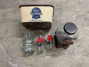 Peanut Dispenser, 3 Beer Glasses, and Pabst Basket