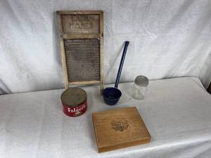 lot 49 image: Washboard, Ladle, Coffee tin, Cigar Box, and Mason Jar