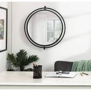 lot 27 image: Baron 22.50 in. H x 21.00 in. W Modern Round Black Framed Accent Wall Mirror by Kate and Laurel Customer Returns See Pictures