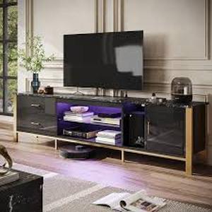 lot 38 image: Bestier 80 in. High Gloss TV Stand fits TVs up to 85 in. LED Entertainment Center with Drawer and Cabinets Black and Gold Customer Returns See Pictures