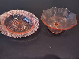 lot 74 image: Pink Depression Glass Serving and Etched Candy Dish