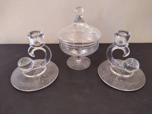 lot 93 image: Two Etched Glass Candle Holders and Matching Candy Dish wLid