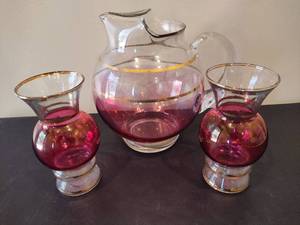 lot 48 image: Bartlett Collins Cranberry Glass Vases and Similar Pitcher
