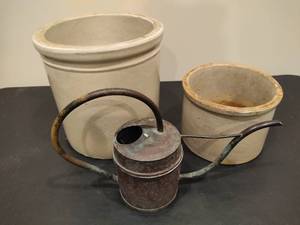 lot 117 image: Vintage Butter Crocks & Watering Can