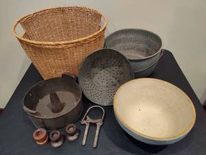 lot 116 image: Lot of Misc Antique Items Incl. Basket, Bucket, Baking 