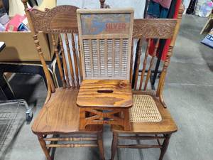 lot 115 image: Two Wood Chairs, Small Childs Step Stool & Vintage Wash Board