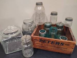lot 77 image: Assorted Ball Glass Jars, Peanut Jar, Wood Carrying Crate 