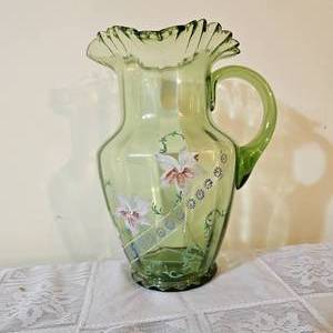 lot 74 image: Fenton Hand Painted Green Pitcher