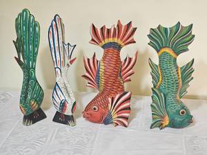 lot 55 image: Indonesian Carved & Painted Koi & Cormorants