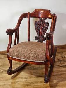 lot 19 image: RJ Horner Style Lion Carved Rocking Chair with Female Figure Carving on Backsplat