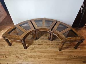 lot 17 image: MCM Burl & Smoke Glass Trio Cocktail Table with Brutalist Styling