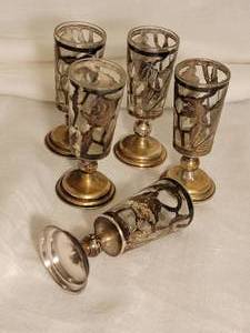 lot 108 image: Mexico Sterling Silver Jacket Cordial Glasses, 5