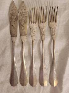 lot 195 image: Ornate German 5 Piece Fish Service