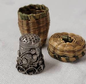 lot 111 image: Antique Sterling Silver Thimble with Indian Basket Holder