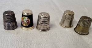 lot 182 image: Collection of 5 Vintage Thimbles  3 Sterling