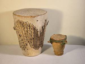 lot 40 image: Vintage African Timbale Goathide Drum Pair