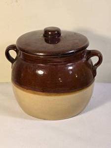lot 46B image: Antique Primitive Stoneware Beanpot with Brown Glaze