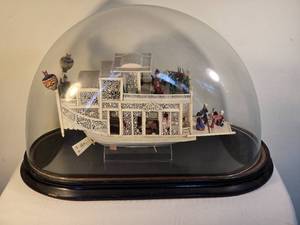 lot 15A image: Exotic Vintage Carved Bone Cantonese Flower Boat Model with Glass Cloche