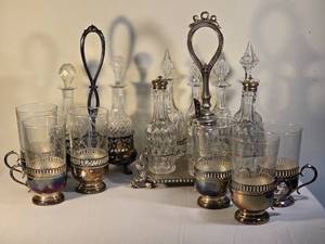 lot 313 image: Stunning Antique Crystal  Silver Plate Barware Set - (14)