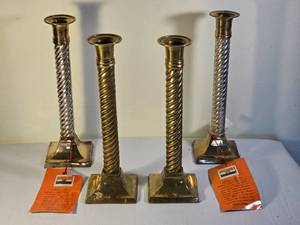 lot 312 image: Vintage Indian Solid Brass Twisted Column Candlestick Collection - (4)