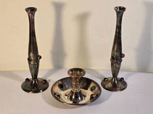 lot 309 image: Awesome Mid-Century Modern Silver Plate Candleholder Set with Funky Faux Gemstone Accent - (3)