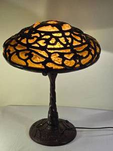 lot 2B image: Vintage Tiffany Style Table Lamp with Amber Slag Glass Molded Shade - B