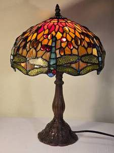 lot 2C image: Vintage Tiffany Style Table Lamp with Dragonfly Stained Glass Shade