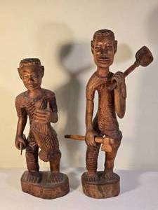 lot 40E image: SIGNED Vintage Haitian Traditional Fine Art Polished Red Ebony Sculpture Pair - Two Workers - Leon - c. 1960