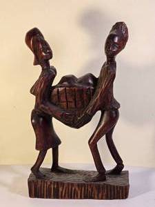 lot 40D image: SIGNED Vintage Haitian Traditional Fine Art Polished Red Ebony Sculpture - Man & Woman Carrying Basket - Samuel - c. 1960