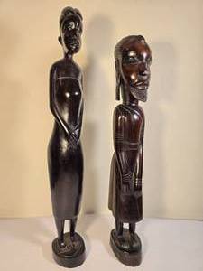 lot 5B image: Vintage African Traditional Fine Art Polished Ebony Sculpture Pair - Man & Woman
