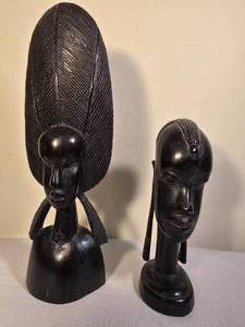 lot 5E image: Vintage African Traditional Fine Art Polished Ebony Sculpture Pair - Maasai Woman with Headress  Warrior