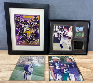 lot 83 image: 2003 Minnesota Vikings Football Framed Picture, Randy Moss Framed Picture with Rookie Card, Cris Carter Picture and Randy Moss & Randall Cunningham Picture K