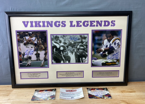 lot 10 image: Minnesota Vikings NFL Football Legends Autographed by Bud Grant, Fran Tarkenton and Chuck Foreman Framed Photos COA K