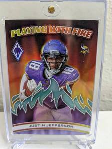 lot 34C image: 2023 Panini Phoenix Justin Jefferson Playing With Fire Prizm Numbered 028125 #PWF-5 T