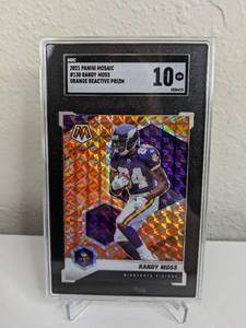 lot 33C image: 2021 Panini Mosaic Randy Moss Orange Reactive Prizm #130 Graded SGC Gem Mint 10 T