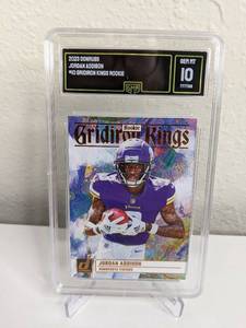 lot 33D image: 2023 Donruss Jordan Addison Gridiron Kings Rookie #10 GMA Graded Gem Mint 10 T