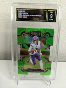 lot 39B image: 2023 Select Jordan Addison Concourse Neon Green Prizm Die-Cut RC Numbered 519599 GMA Graded 9 T