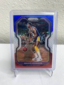 lot 116 image: 2020-21 Panini Prizm Magic Johnson Red White and Blue Prizm #219 J