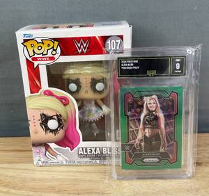 lot 9A image: Alexa Bliss 2024 Panini Prizm WWE Wrestling GMA Graded Mint 9 Green Prizm Card #138 and Funko Pop Figurine N