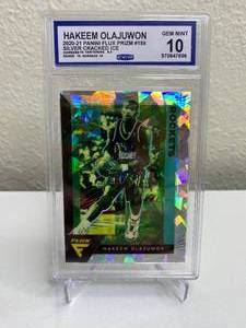 lot 13A image: 2020-21 Panini Flux Hakeem Olajuwon Silver Cracked Ice Prizm #195 CCG Graded Gem Mint 10 T