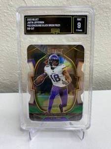 lot 14C image: 2022 Panini Select Justin Jefferson Concourse Black Green Prizm Die-Cut #50 Graded GMA 9 T