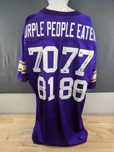 lot 1 image: NFL Minnesota Vikings Purple People Eaters Autographed Jersey by Carl Eller, Gary Larsen, Jim Marshall and Alan Page with COA Hologram Stickers Size XXL K
