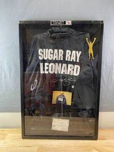lot 3 image: Framed and Signed Sugar Ray Leonard Autographed Robe with COA K