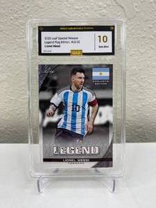 lot 5C image: 2023 Leaf Special Release Lionel Messi Legend Flag Edition #LE-02 Graded GAS Gem Mint 10 T